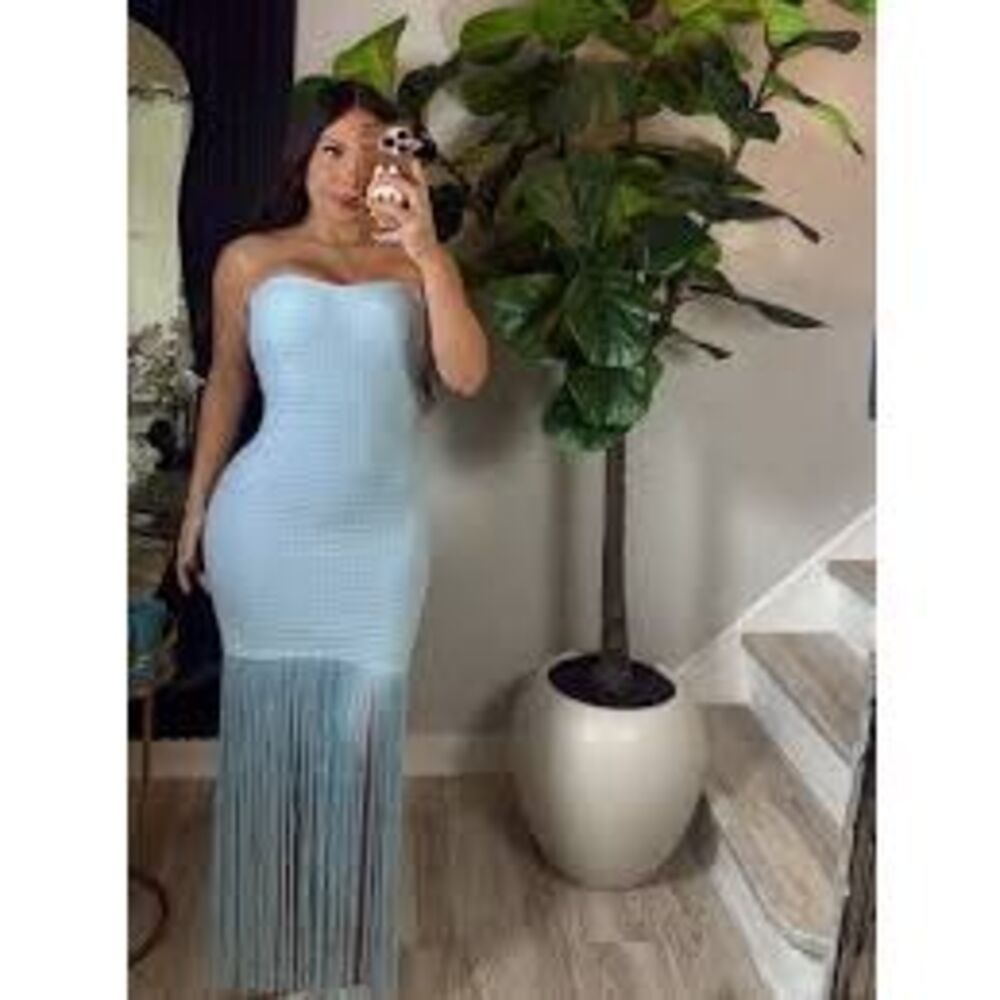 Kayl The Label Strapless Fringe Maxi Dress Pastel Baby Blue Beach Vacation Sz L